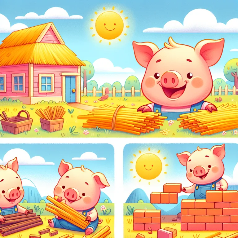 Illustration: three little pigs building houses in a sunny meadow